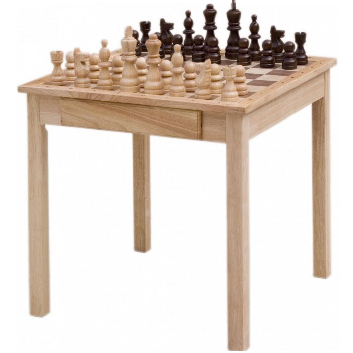 Schachtisch aus Holz mit Schachfiguren und zwei Schubladen, 68x68 cm